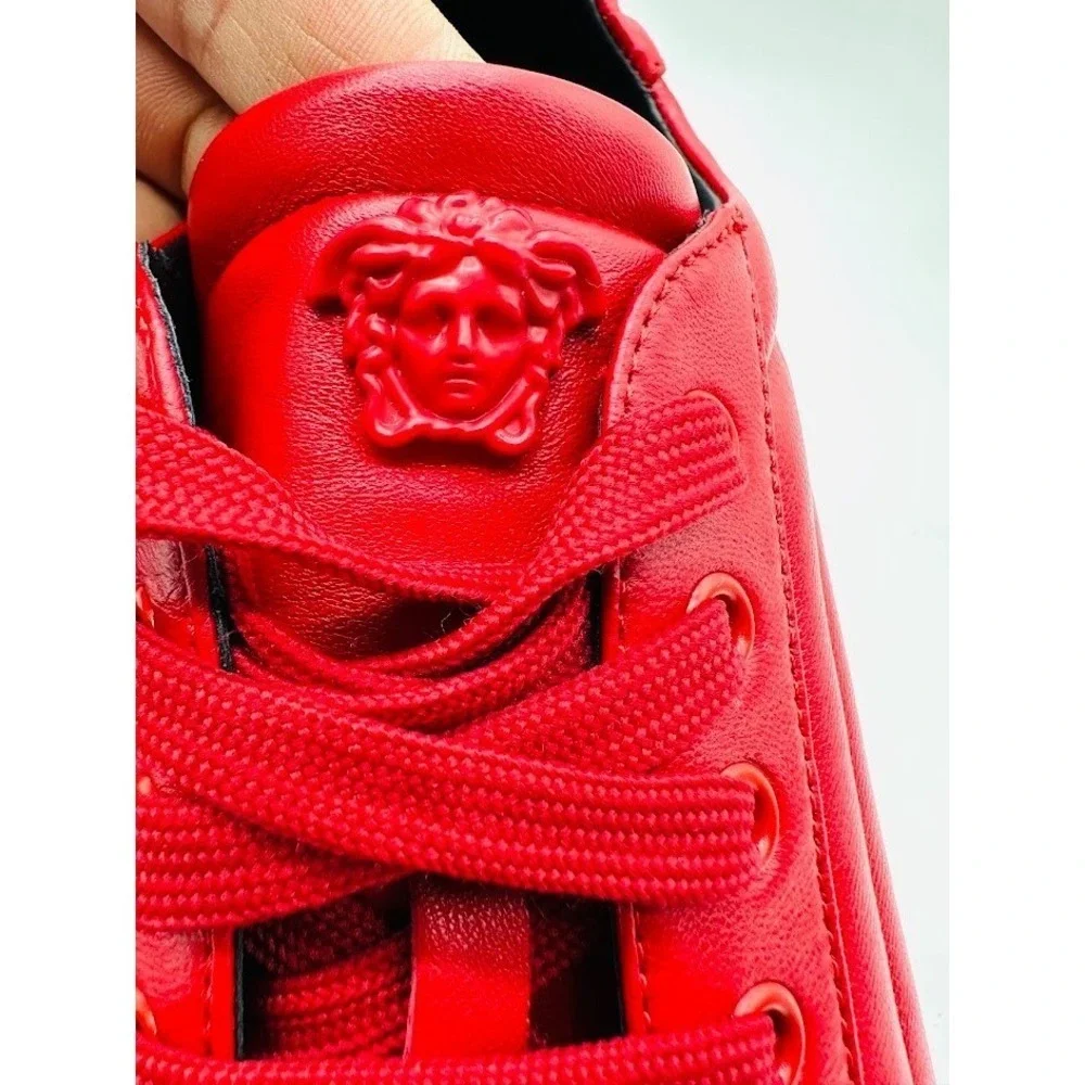Versace Mens‎ Red Quilted Leather Medusa Greca Low Top Sneakers Shoes